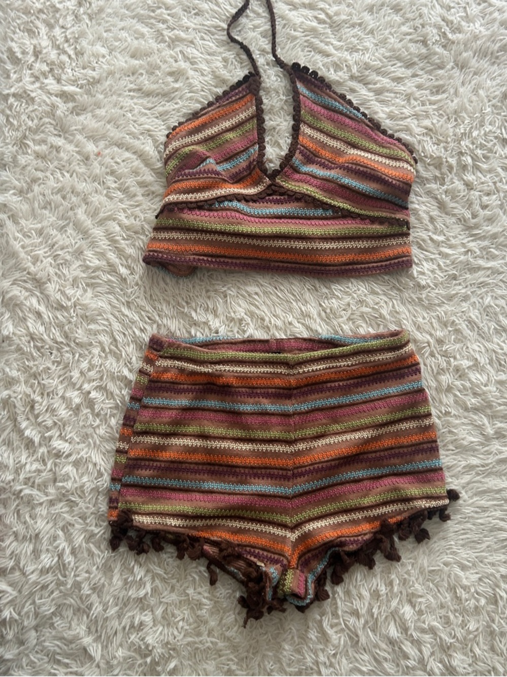 Fashion Nova Multicolor Crochet Two-Piece Set — Brown, Orange, Green, Pink, Blue